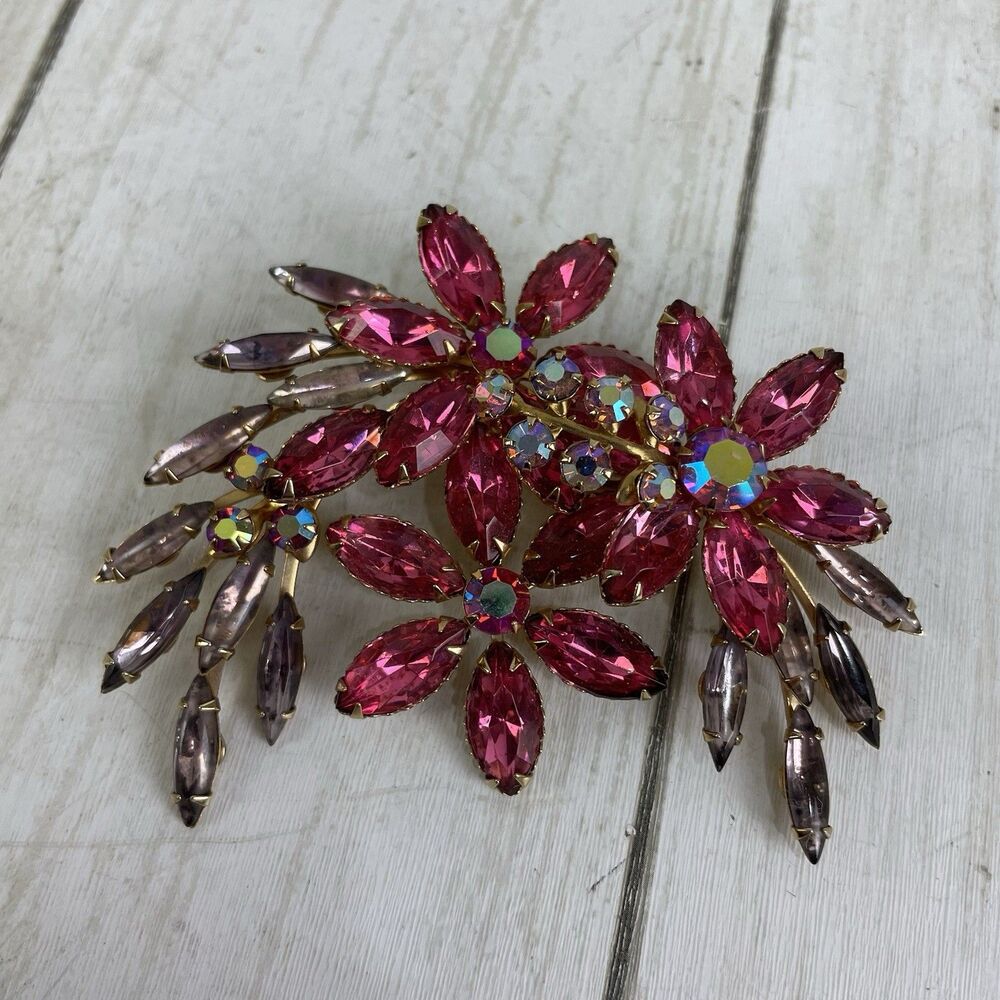 Vtg Brooch Pink Floral Layered Aurora Borealis Rhinestone Gold Tone Riveted